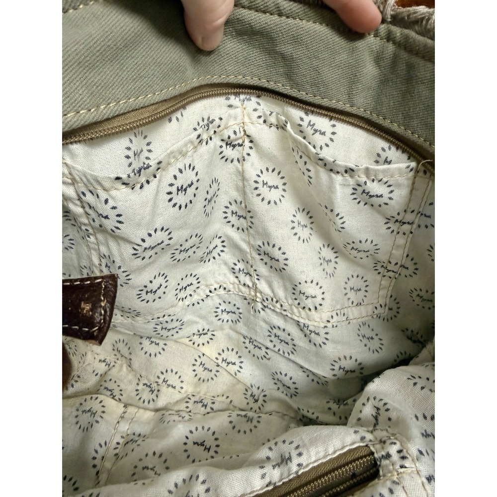 MYRA BAG Aqua Blue Canvas Floral Print Leather Handles Tote 100% cotton - Picture 14 of 16